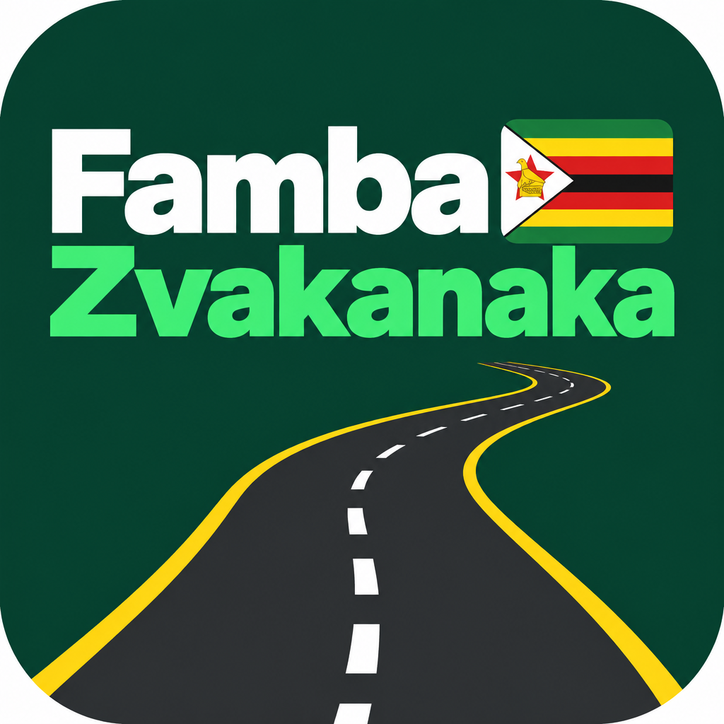 Famba Zvakanaka logo — a winding road on dark emerald green with the Zimbabwe flag